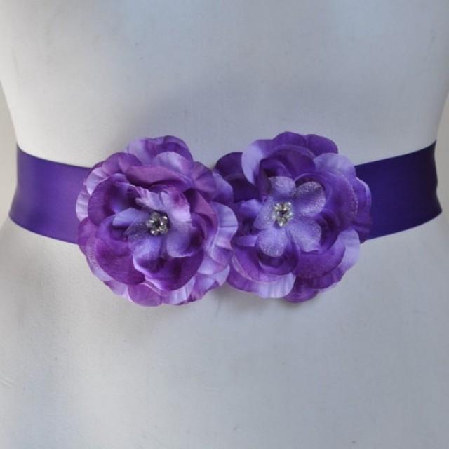 Purple Double Cluster Hydrangea Flowers Rhinestone Center Sash Belt