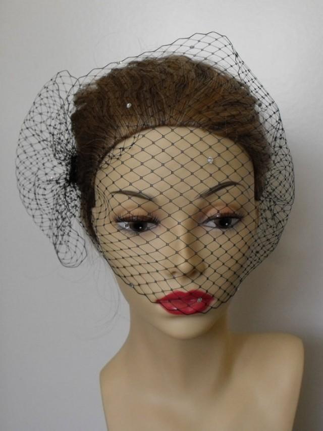 Ivory Birdcage Veil, Side Pouf With Swarovski Rhinestones, Birdcage