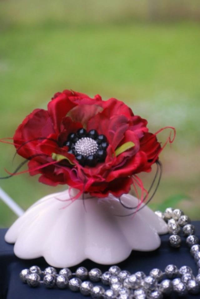 Classy Red Black Silk Flower Brooch Pin / Fascinator Hair Clip / Comb