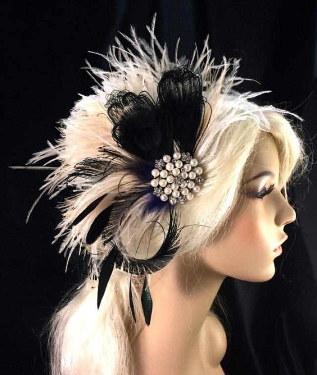 Rhinestone Pearl Bridal Feather Fascinator, Bridal Headpiece, The Great
