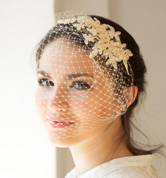 Lace Birdcage Veil In Light Beige Or Ivory, Full Birdcage Veil With