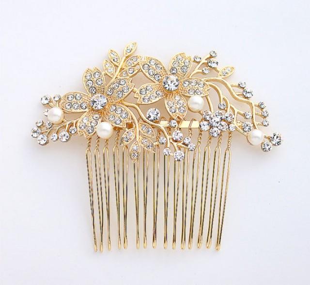 Rhinestone Gold Comb Crystal Pearl Gold Bridal Hair Piece Wedding