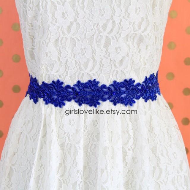 Royal Blue Beaded Lace Sash, Bridal Royal Blue Sash, Bridesmaid Blue