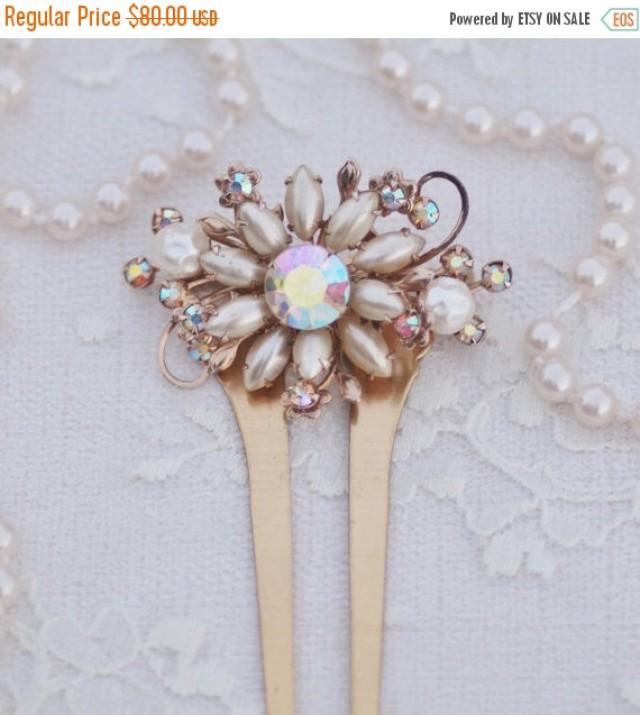 SALE Vintage Baroque Ivory Pearl Brooch Hair Fork,Large Brass Hair Comb