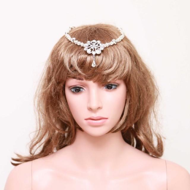 Beaded Headpiece, Forehead Headpiece, Bridal Hair Chain, Rhinestone