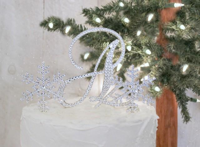 Snowflake Wedding Cake Topper With Initial Monogram And 2 Small Snowflakes Any Letters A B C D E