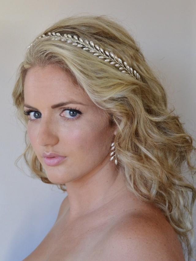 Grecian Fern Leaf Pearl Bridal Headband Pearl Bridal Wreath Rice Pearl