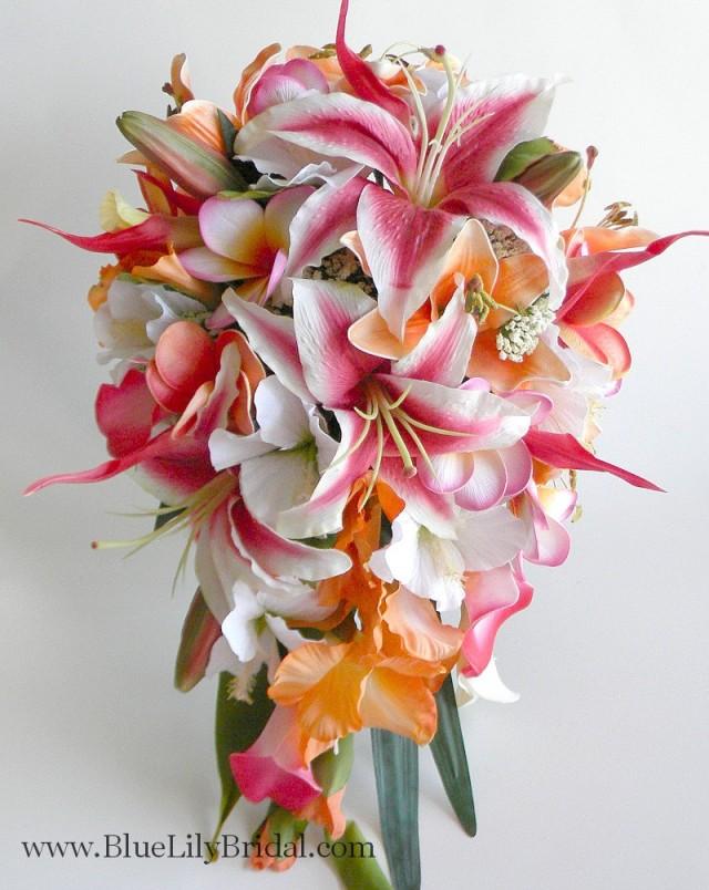Stargazer Cascade Bridal Bouquet In Hot Pink And Orange Tropical Wedding Beach Wedding Real 5004