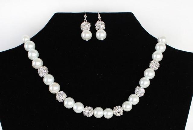 SALE - Pearl Necklace And Earrings With Rhinestones Bridesmaid Jewelry ...