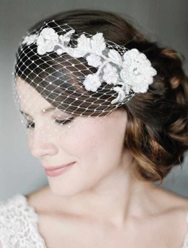 Birdcage Veil, Bird Cage Veil, Lace Bandeau Veil With Pearls, French