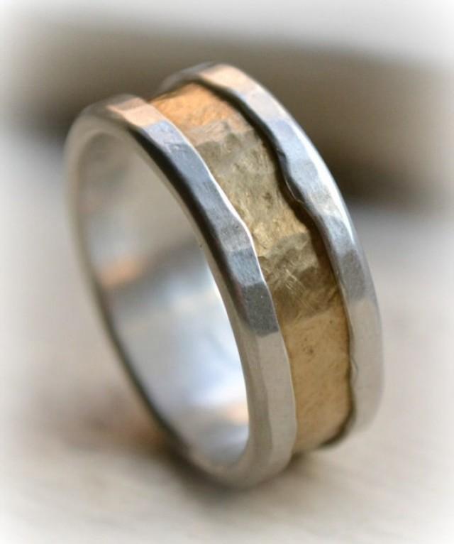 Mens Rustic Fine Silver And Brass Ring Handmade Hammered Artisan