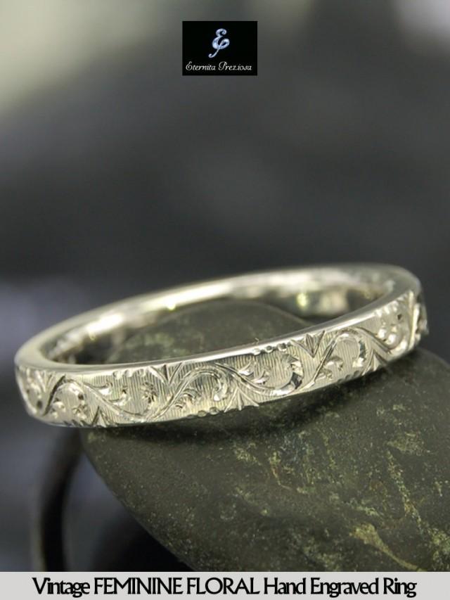 Vintage Feminine Floral Hand Engraved Silver Ring , Antique Engagement Ring, Stacking Ring