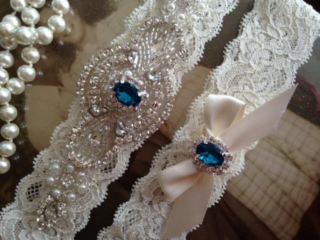 Blue and white bridal garter with crystal heart trusted UK Seller 