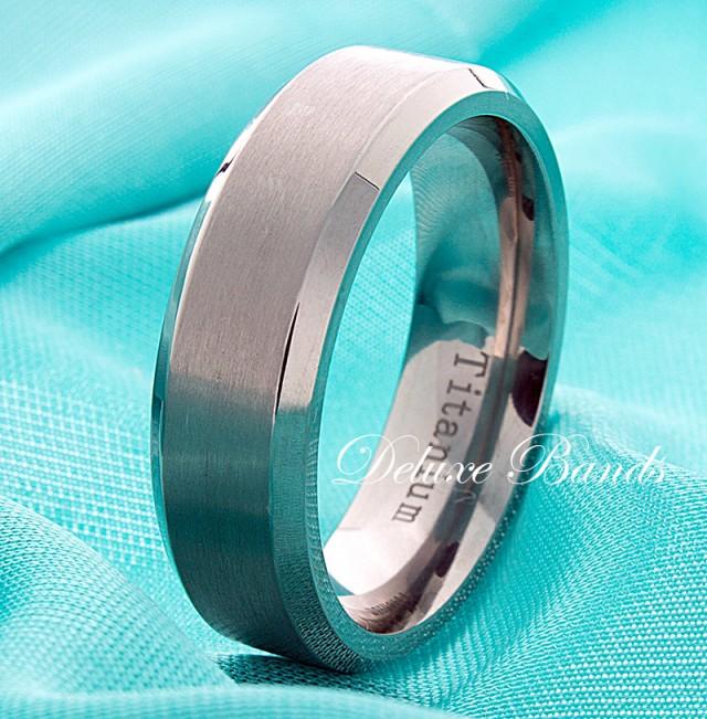 Brushed Titanium Wedding Band,Beveled Edges Ring,7mm,Mens Titanium Ring