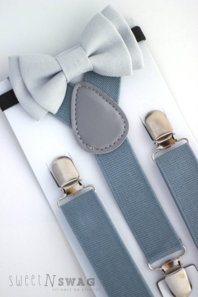 SUSPENDER & BOWTIE SET. Light Grey Suspenders. Light Grey Denim Bow Tie