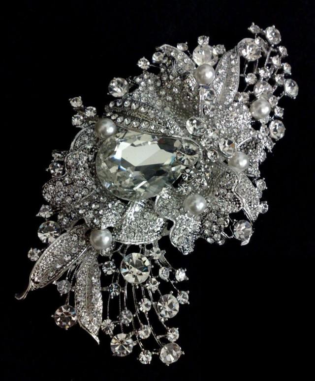 Crystal Bridal Brooch, Rhinestone Broach, Leaves Broach, Statement