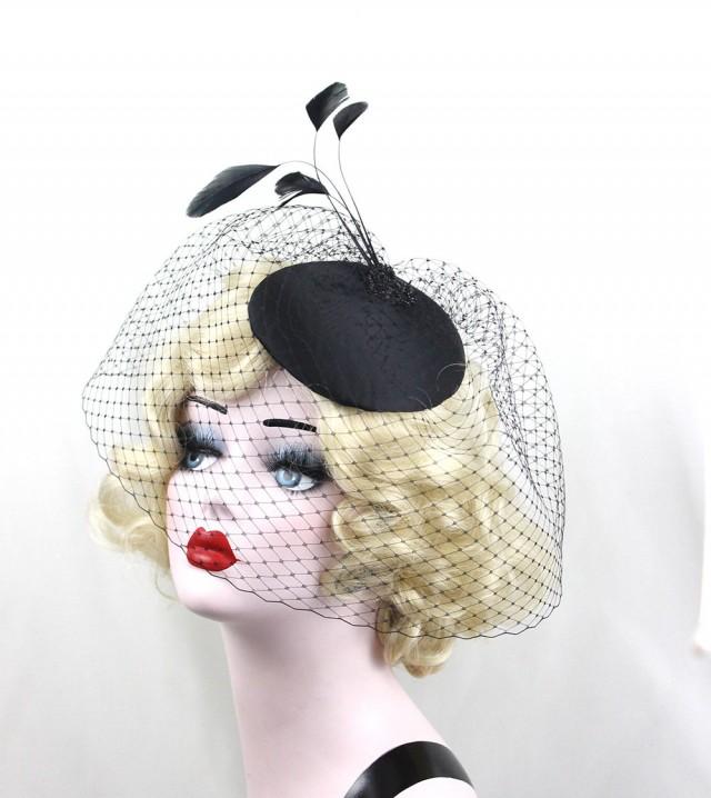 Black Birdcage Veil, Feather Fascinator, Cocktail Hat, Black Veil, Pin