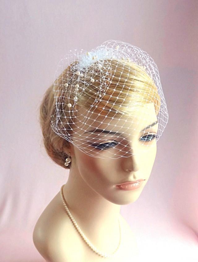 Bridal Birdcage Veil With Pearls Small Birdcage Wedding Bird Cage Veil Russian Veiling Ivory 5683