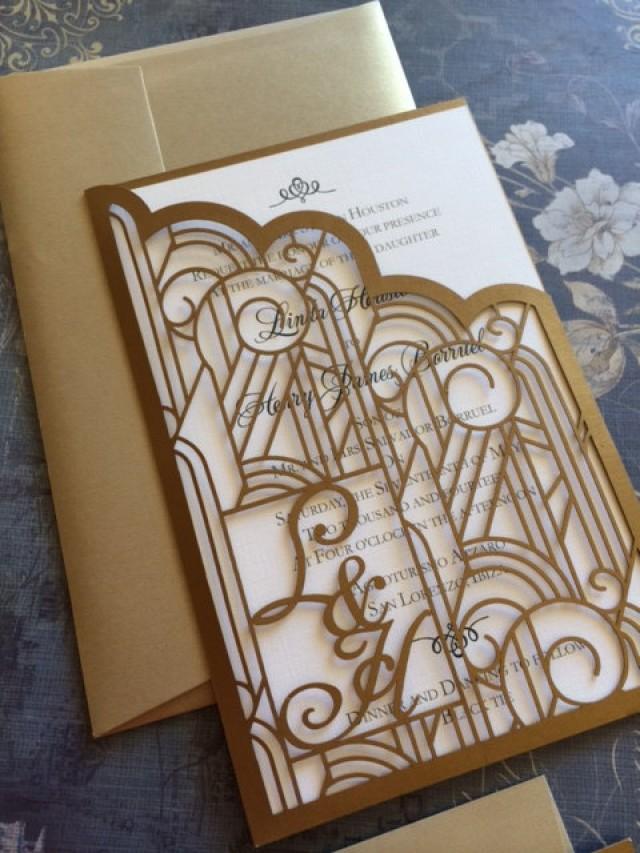 Laser Cut Wedding Invitations, Monogram Art Deco Pocket Invitations