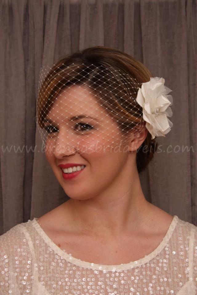 Bridal Veil With Flower, Birdcage Veil, Silk Dupioni Flower