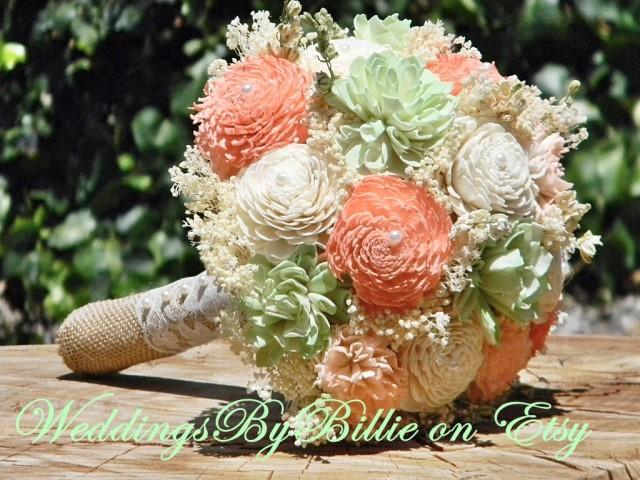 Weddings Peridot Mint Peach Bouquet Burlap Lace Sola Bouquet