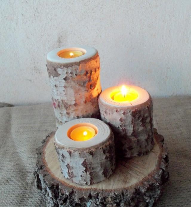 3 Wood Candle Holders Table Centerpiece Wood Log Holders White Tree Candle Holders