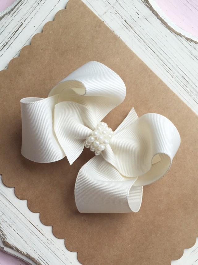 Flower Girl Bow, Boutique Hair Bow, White/Ivory Hair Bow, Flower Girl