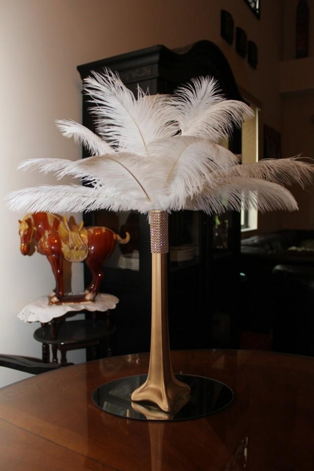 Ostrich Feather Centerpiece 16" Gold Eiffel Tower With Gold Bling