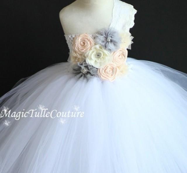 Blush And Ivory Light Grey Silver White Flower Girl Tutu Dress