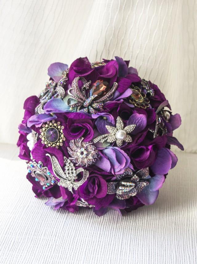 Aubergine Rose Brooch Bouquet, Aubergine Wedding, Silk Flower Bridal