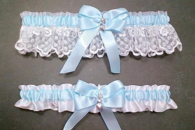 Wedding Garter Frilled with Bow Silver Hearts Entwined White or Light Blue