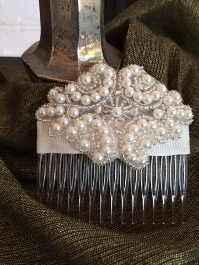 Pearl And Silver Seed Bead Bridal Comb, Ivory Wedding Comb, Hair