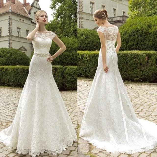 Elegant Off Shoulder Lace Wedding Dresses Sheer Capped Sleeves Fit