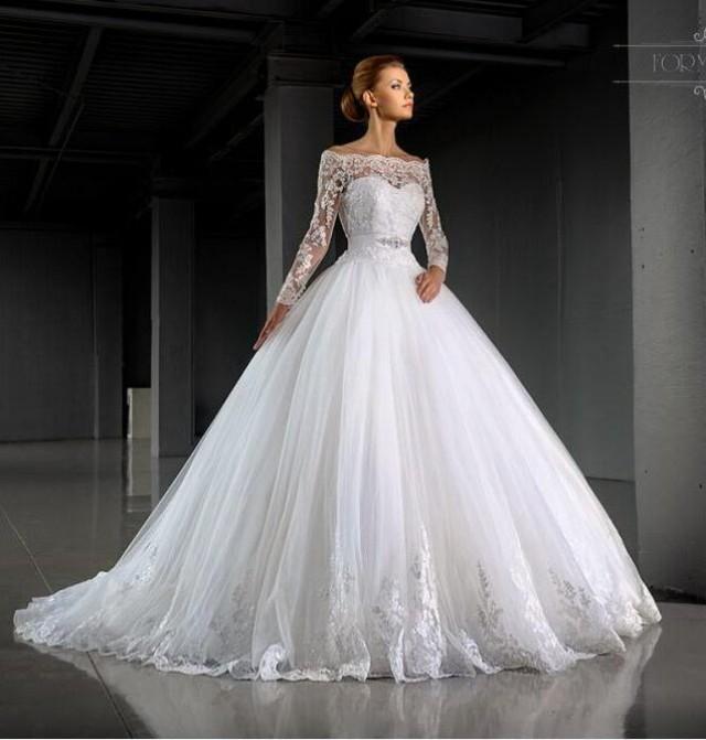 Stunning Bateau Neck Winter Wedding Dresses Long Sleeve Illusion Lace Sheer 2016 Bridal Ball