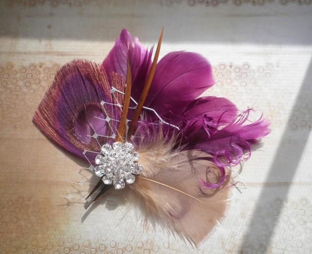 Plum Purple Bridal Feather Facinator Peacock Hair Piece
