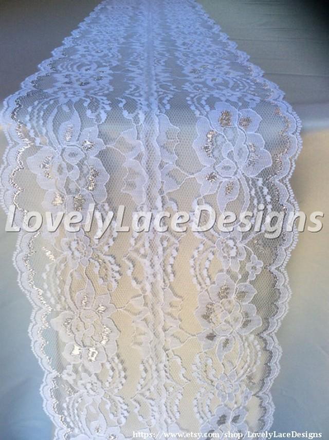 5ft10ft White/Silver Lace Table Runner, 8in Wide, Silver Weddings