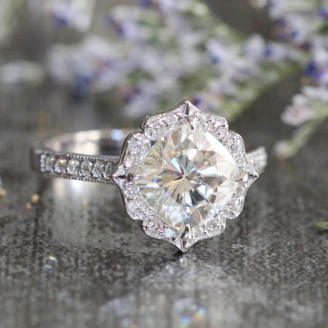 Vintage Inspired Floral Moissanite Engagement Ring In 14k White Gold Milgrain Diamond Wedding