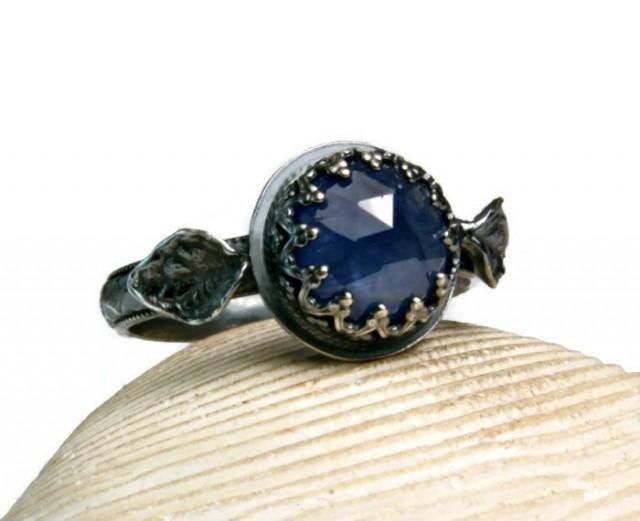 Black Silver Blue Sapphire Leaf Ring, September Birthstone Jewelry, Rose Cut Natural Sapphire