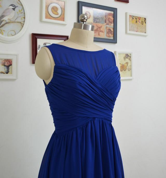 Short Royal Blue Bridesmaid Dresses A Line Chiffon Bridesmaid Dress Sheer Scoop Neckline Prom 8099