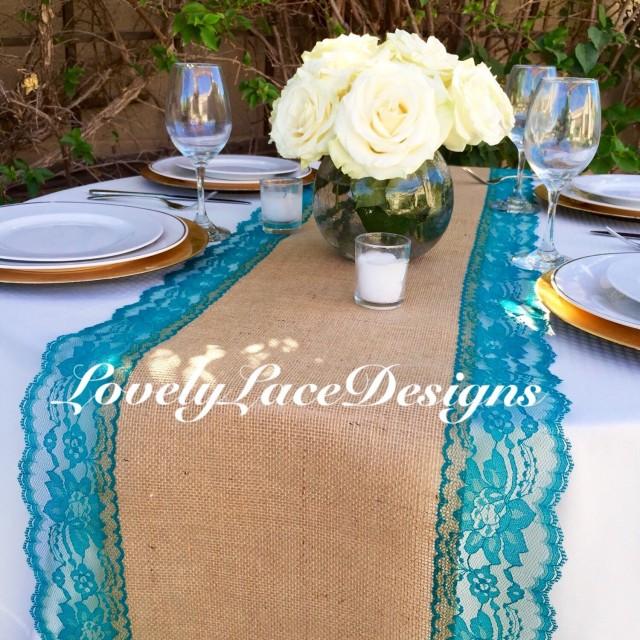 Burlap TABLE Runner With Teal/Jade Lace, 14" Wide X 12ft20ft Long