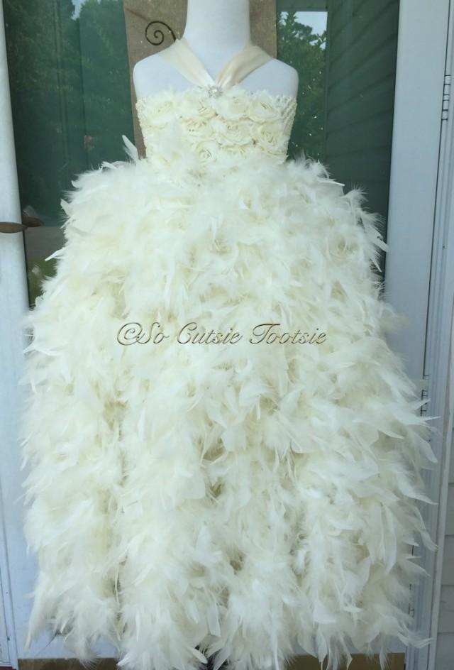 Ivory Feather Flower Girl Dress Ivory Flower Girl Dress, Feather Dress