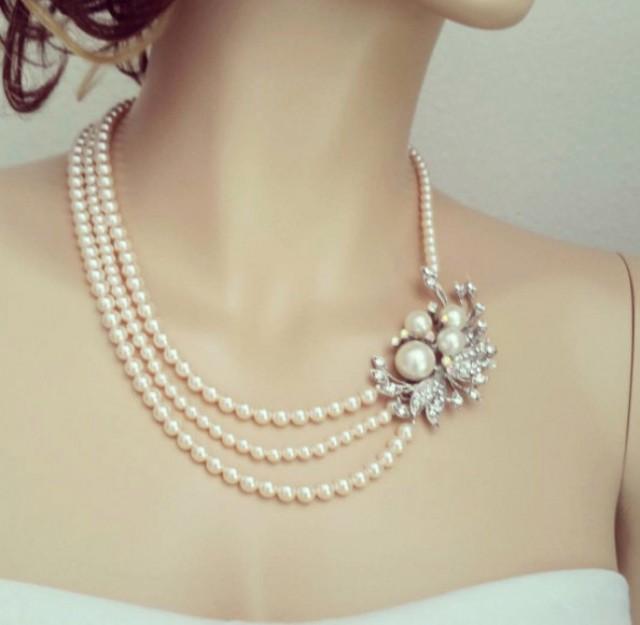 Blush Pearl Necklace, Bridal Necklace, Bridal Rhinestone Necklace