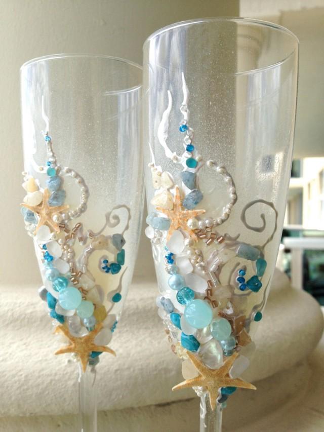 Beach Wedding Toasting Flutes Starfish Wedding Glasses In Aqua