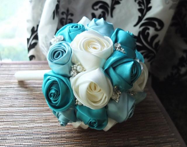 Ribbon Rose Bouquet, Satin Rose Bouquet, Ivory & Teal Flower Accented
