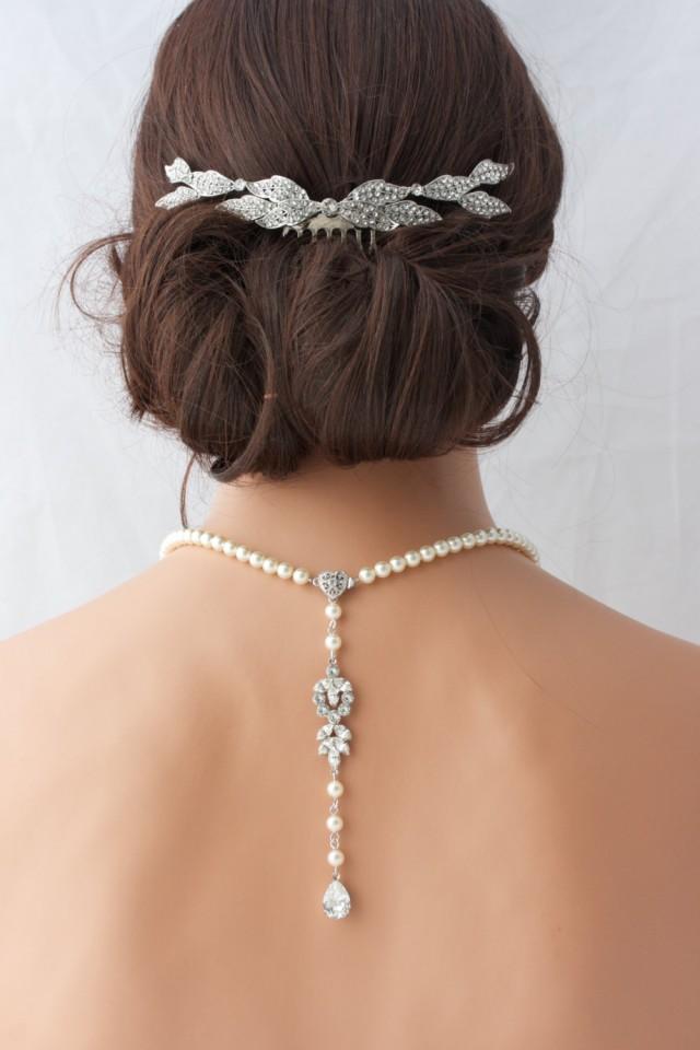 Pearl Backdrop Bridal Necklace Crystal Pearl Wedding Necklace Simple Back Drop Swarovski Crystal