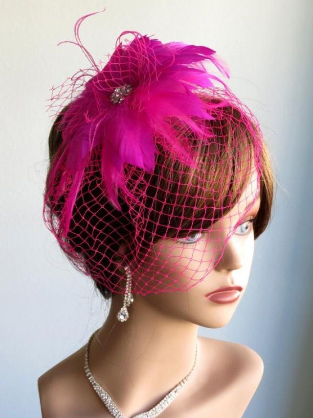 Hot Pink (White) Fuchsia Bridal Feather Hair Piece For Wedding And