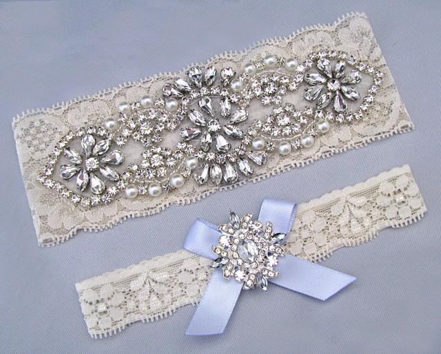 Something Blue Wedding Garters Ivory White Lace Keepsake Toss Bridal Garter Set Pearl 