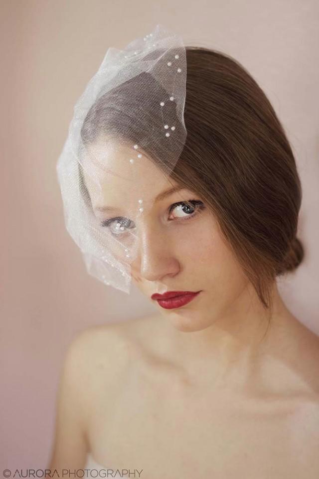Bridal Tulle Veil With Pearls,Mini Tulle Veil With Pearls,Birdcage Veil