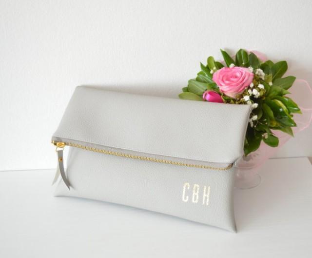 Light Grey Monogram Printed Clutch / Personalized Clutch Bag / Foldover