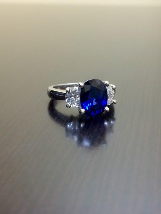 Ceylon Blue Sapphire Platinum Diamond Wedding Ring - Art Deco Platinum